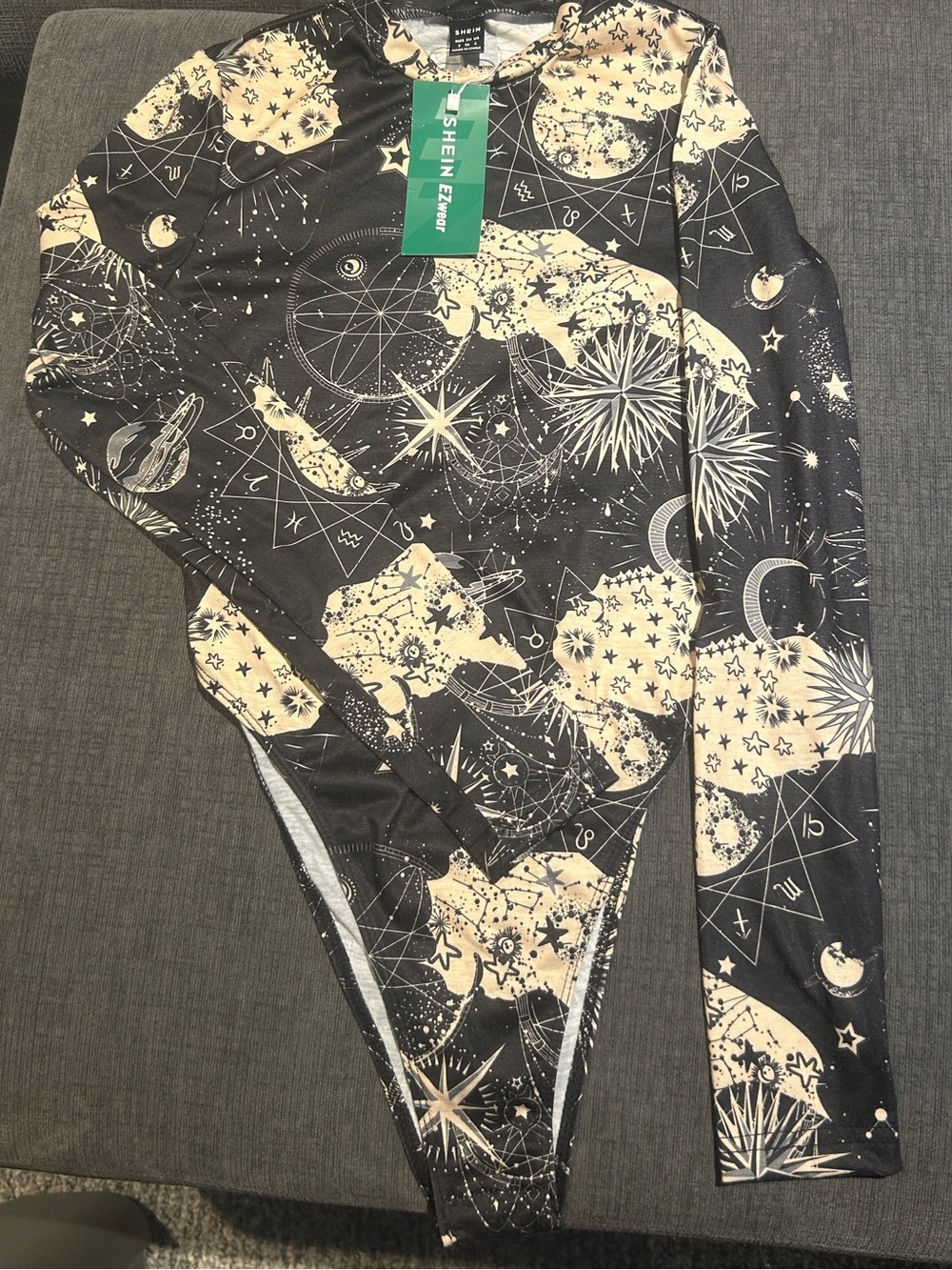 Long Sleeve Mock Neck Celestial Print Bodysuit in Black and Cream